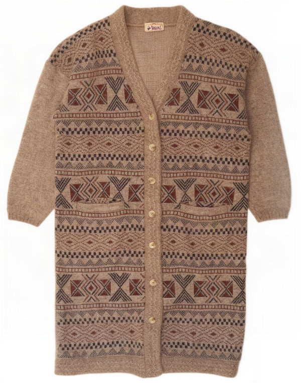 vintage Womens Longline Cardigan Sweater UK 16 Grand Brun Géométrique