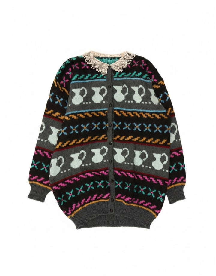 vintage Womens Abstract Pattern Cardigan Sweater UK 10 Petit Multicolore