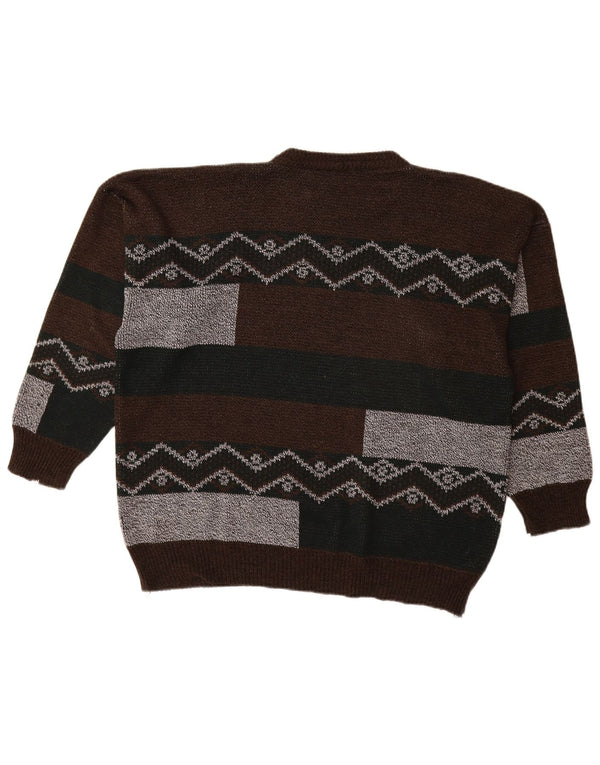 VINTAGE Pull à col rond pour homme XL Marron Colorblock Acrylique
