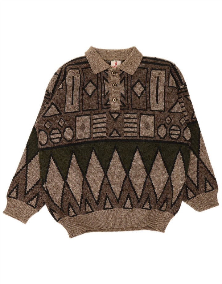vintage Mens Polo Neck Jumper Pull Moyen Brun Géométrique