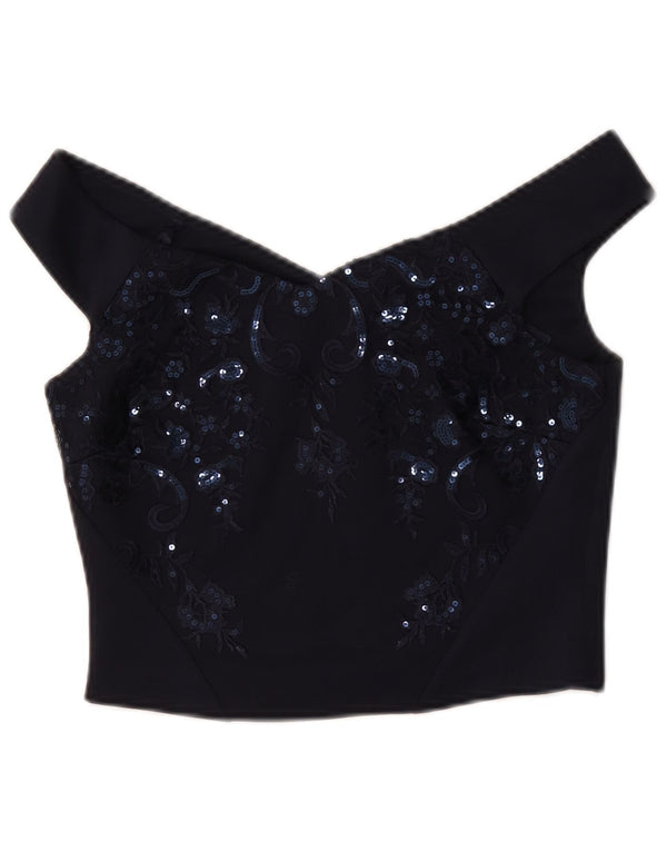 Coast Femmes Crop Off Épaule Top UK 10 Petit Bleu Marine Floral Polyester