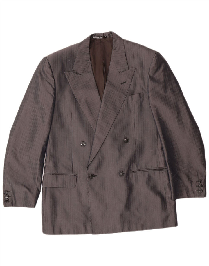 VINTAGE Mens Double Breasted Blazer Jacket IT 46 Large Grey Pinstripe Silk