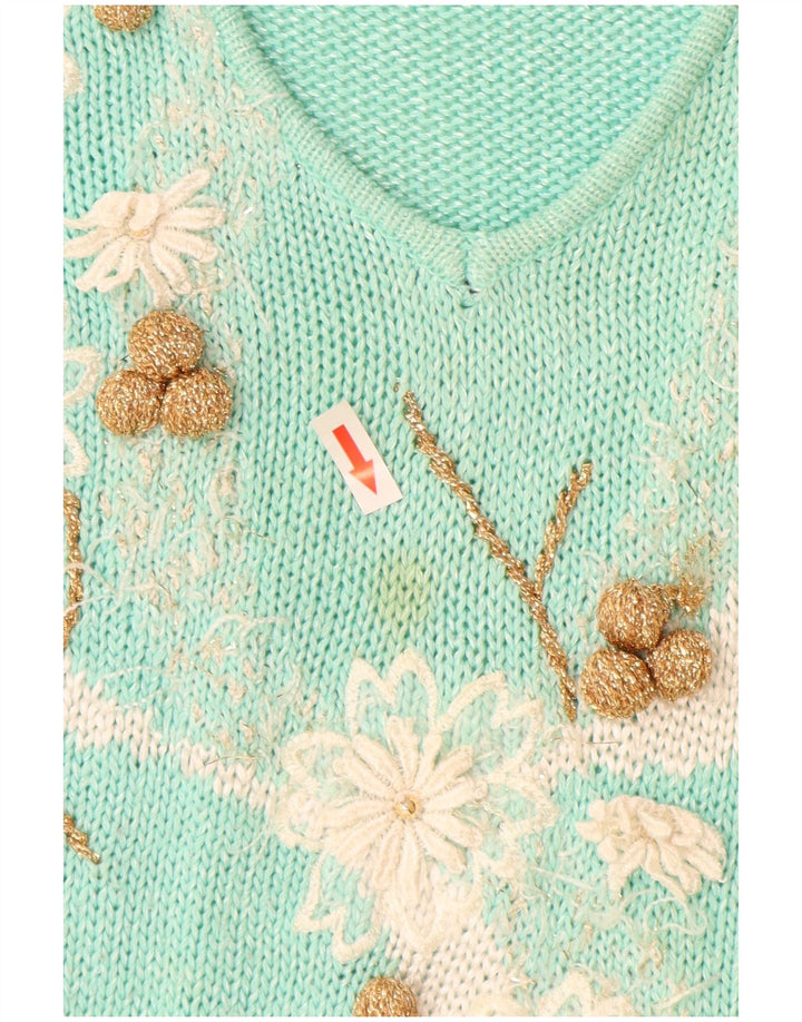 vintage Femme Col V Pull Pull IT 44 Moyen Turquoise Polyacrylique
