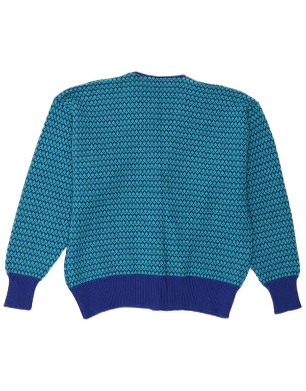 vintage Womens Cardigan Sweater UK 14 Laine pied-de-poule bleu moyen