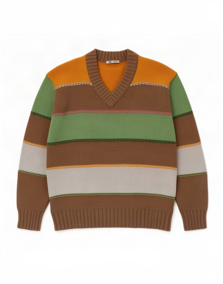 Zara Pull col V en coton rayé multicolore moyen pour homme