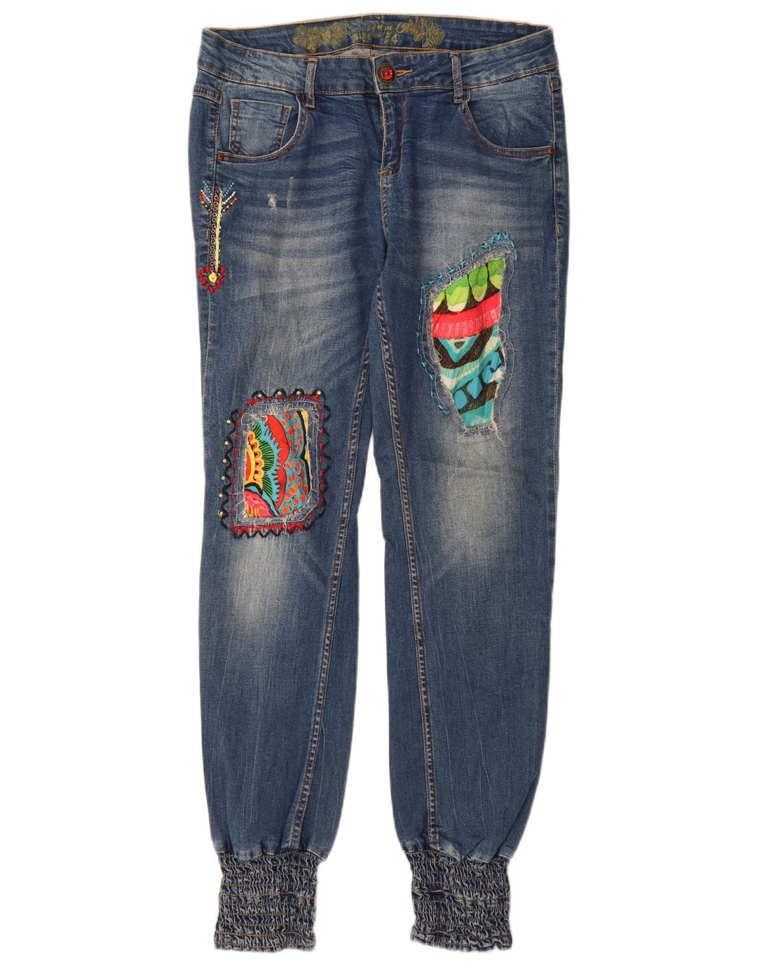 Desigual Femme Taille Basse Joggers Slim Jeans W34 L32 Bleu Patchwork