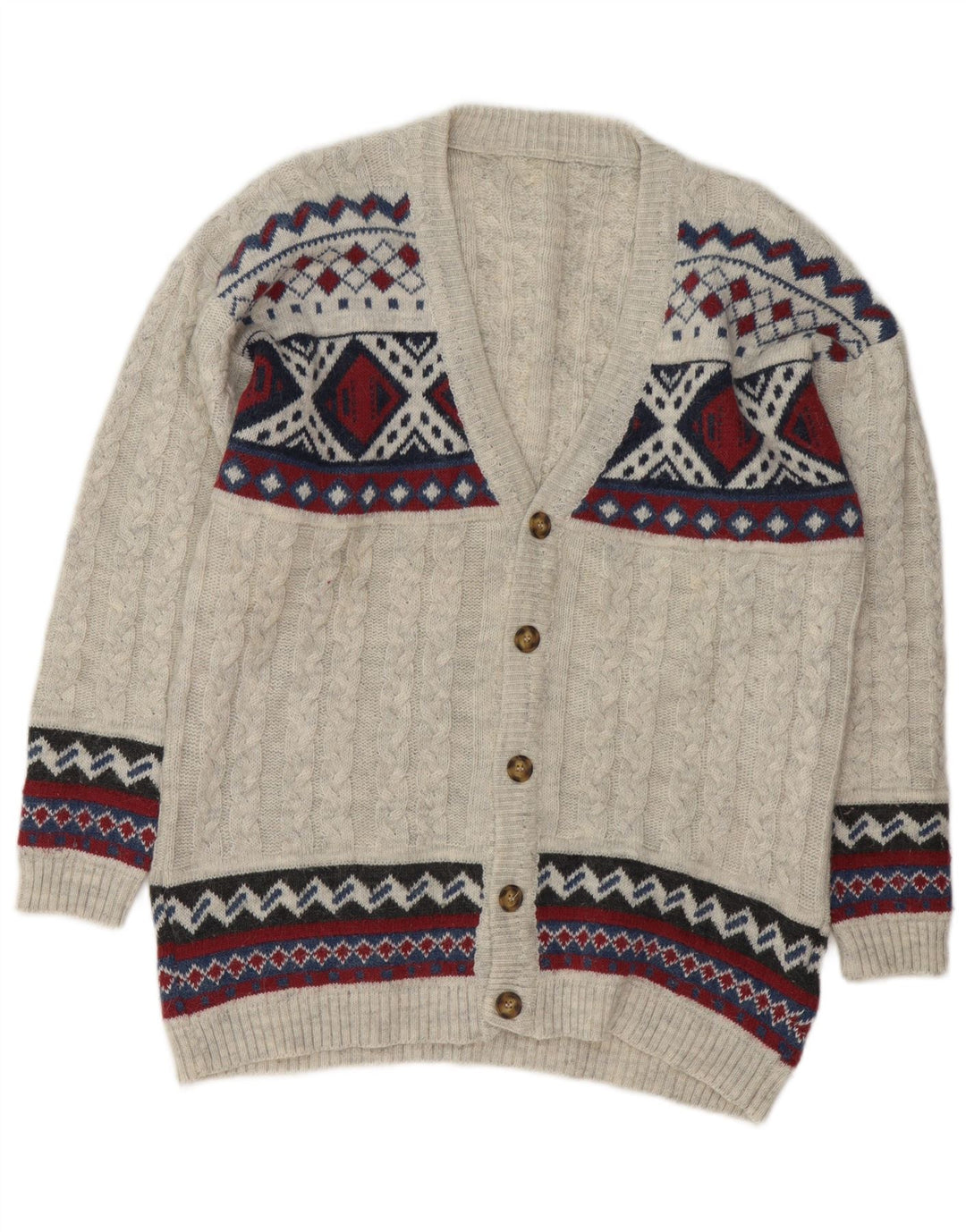 VINTAGE Pull Cardigan Homme Gris Moyen Fair Isle