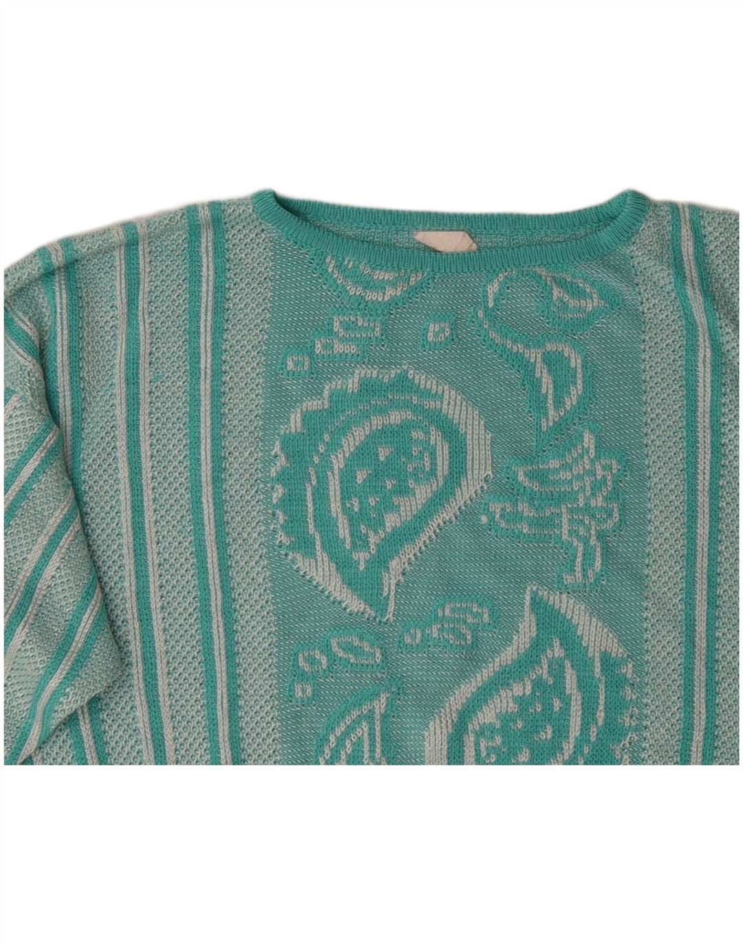VINTAGE Pull col bateau femme UK 12 Medium Turquoise Paisley
