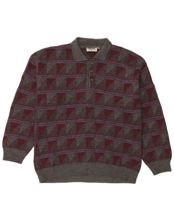 vintage Mens Polo Neck Jumper Pull Grande Laine Géométrique Grise