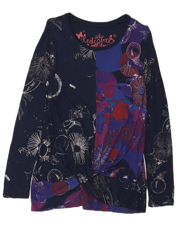 Desigual Tunique à manches longues pour femme UK 44 Large Bleu marine Floral Viscose
