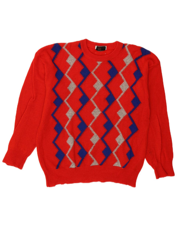 vintage Mens Crew Neck Jumper Pull Grand Argyle Rouge/Diamant