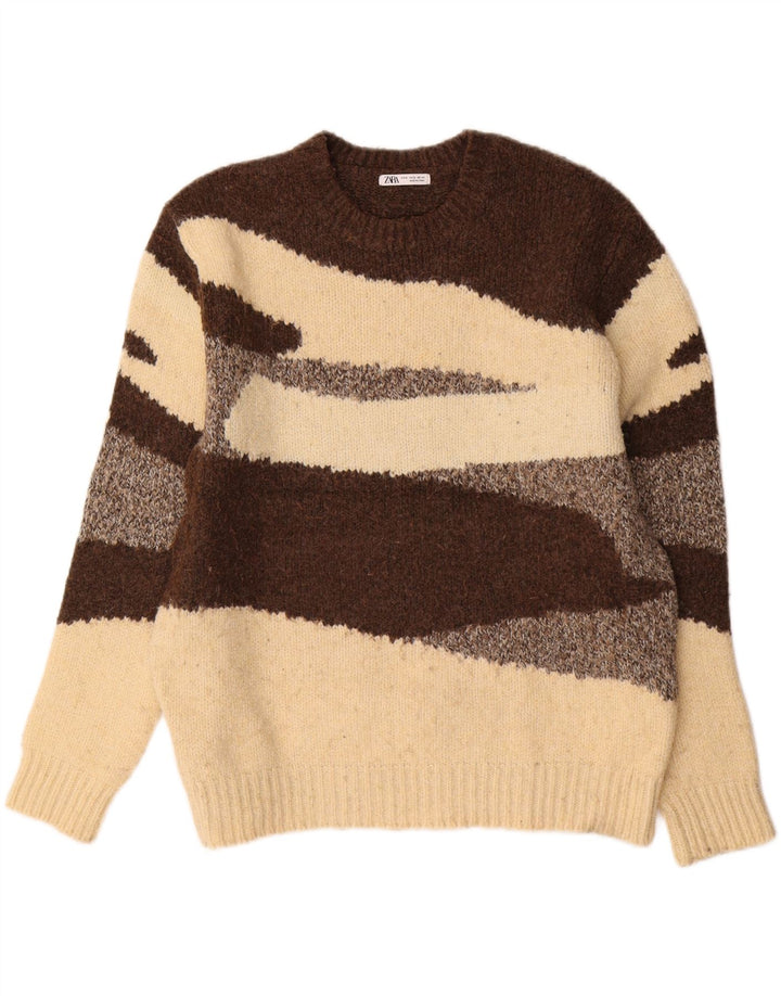 Zara Pull à col rond pour homme en polyester color block marron moyen