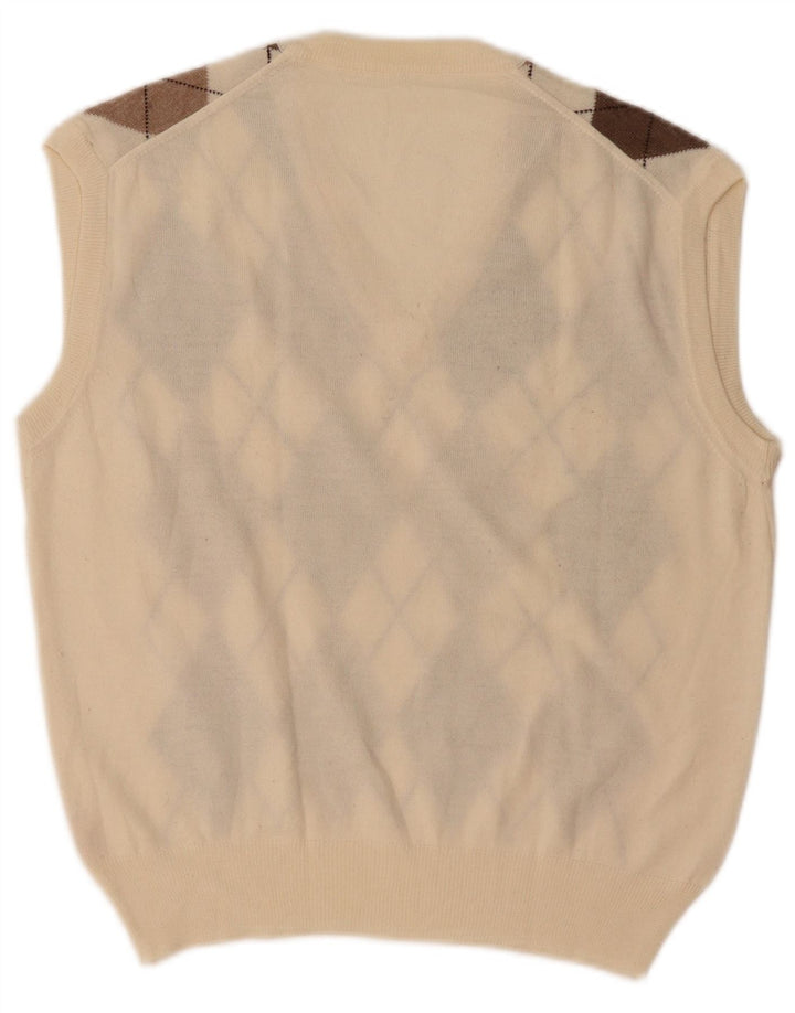 VINTAGE Homme Gilet Débardeur Moyen Blanc Argyle/Diamant Laine