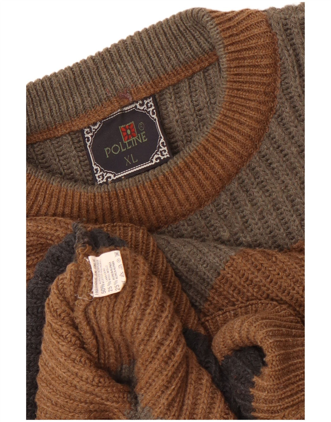 vintage Mens Crew Neck Jumper Pull XL Marron Rayé Acrylique