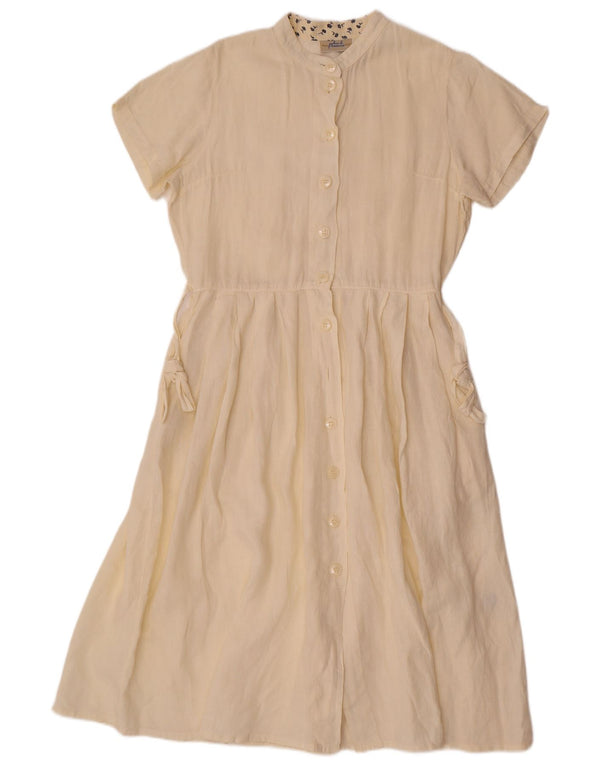 vintage Femmes Manches Courtes Robe Chemise UK 10 Petit Lin Blanc Cassé