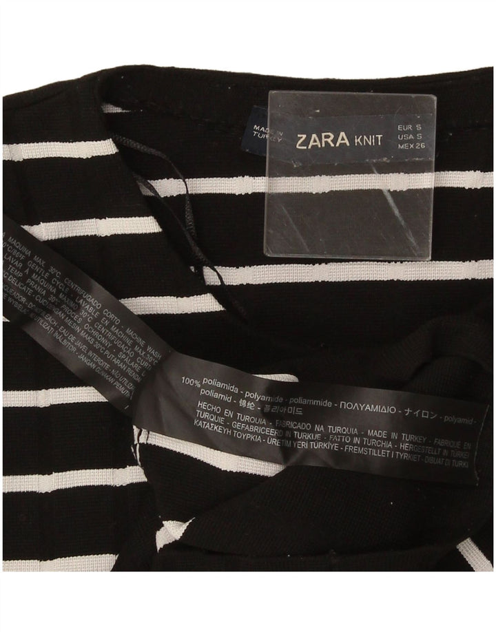 Zara Femme Crop Top Manches Longues UK 10 Petit Noir Rayé Polyamide