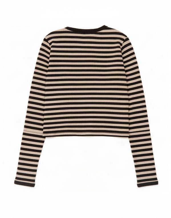 Zara Womens Crop Top Manches Longues UK 8 Petit Coton Rayé Noir