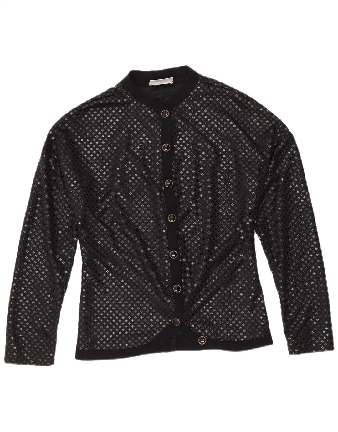 vintage Femme Chemise Blouse UK 12 Moyen Noir Géométrique Polyamide