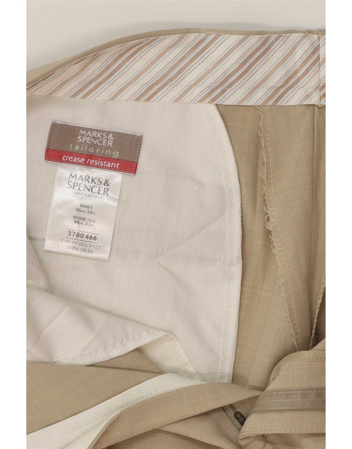 Marks & Spencer Pantalon de Costume Droit Homme W34 L28 Beige Polyester
