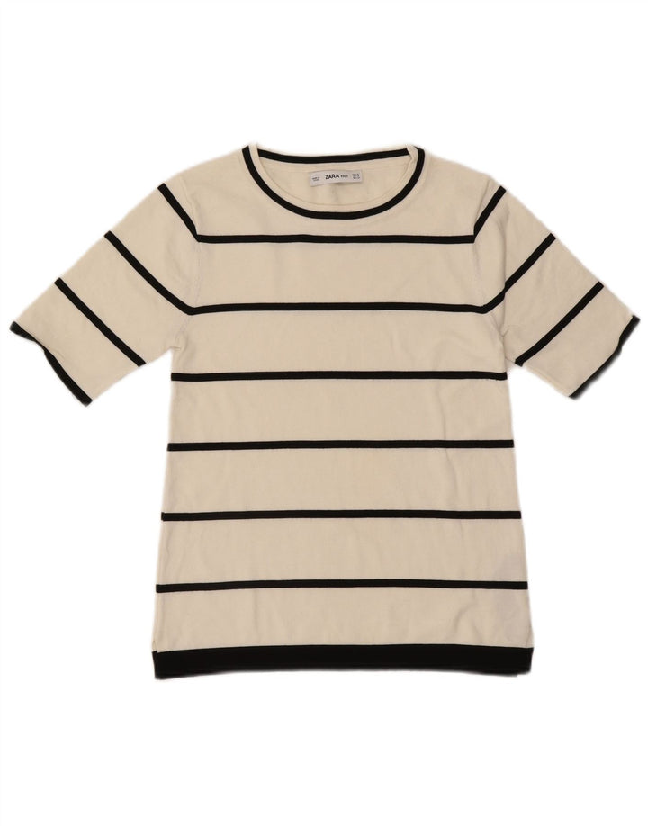 Zara Femme T-Shirt Top UK 12 Medium Blanc Rayé Viscose