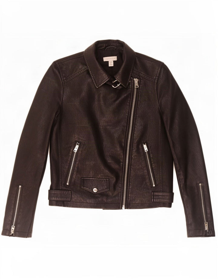 Topshop Veste de motard en similicuir pour femme UK 8 Small Noir Polyester