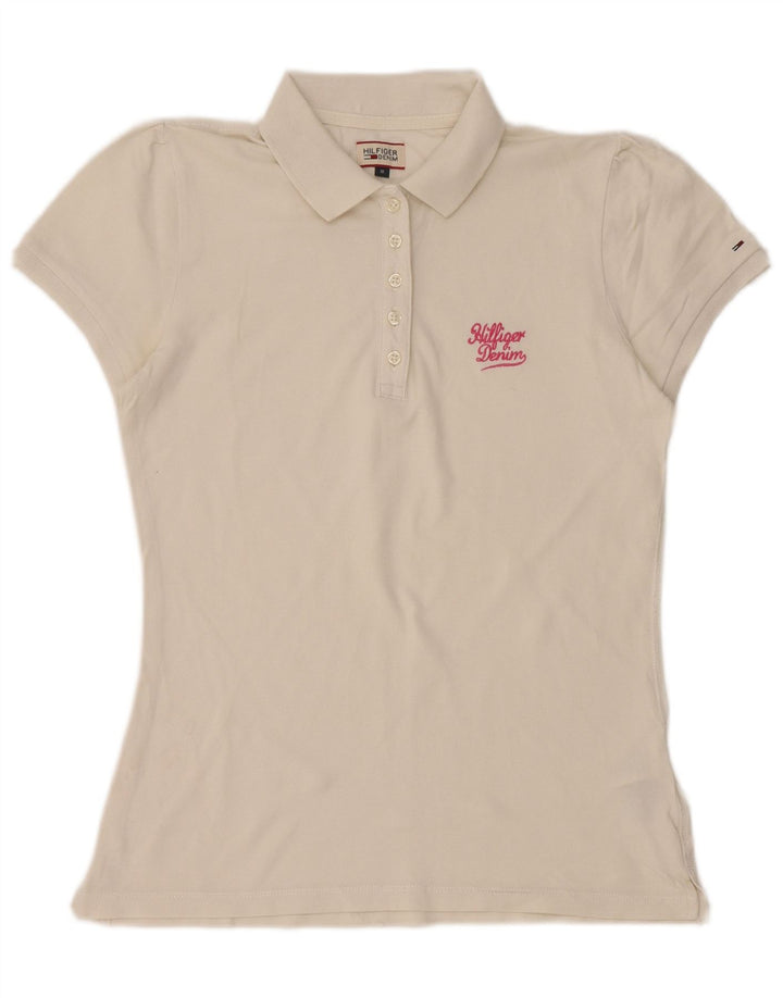 TOMMY HILFIGER Polo Femme UK 12 Coton Blanc Moyen