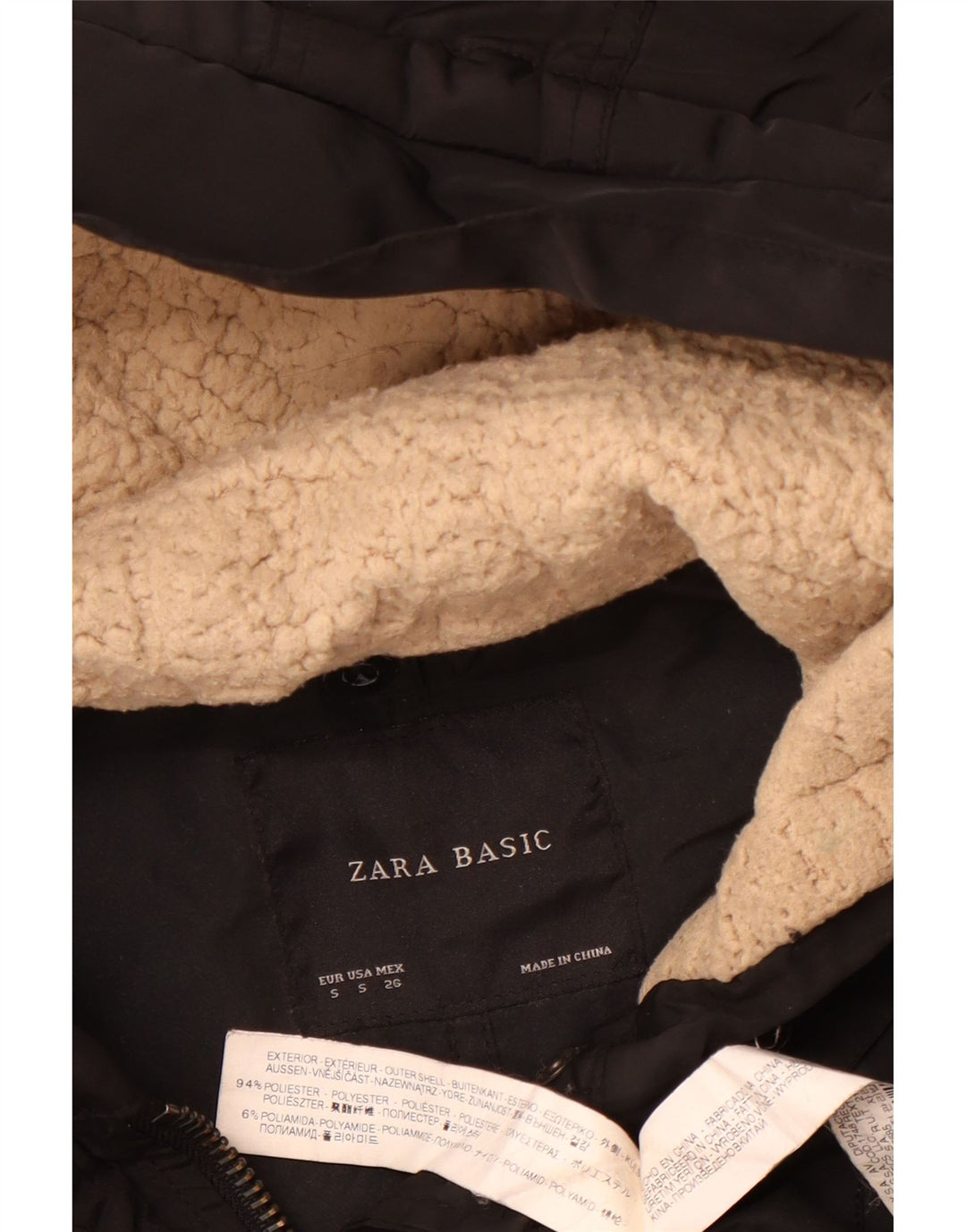 Zara Veste Parka à capuche pour femme UK 10 Small Noir Polyester