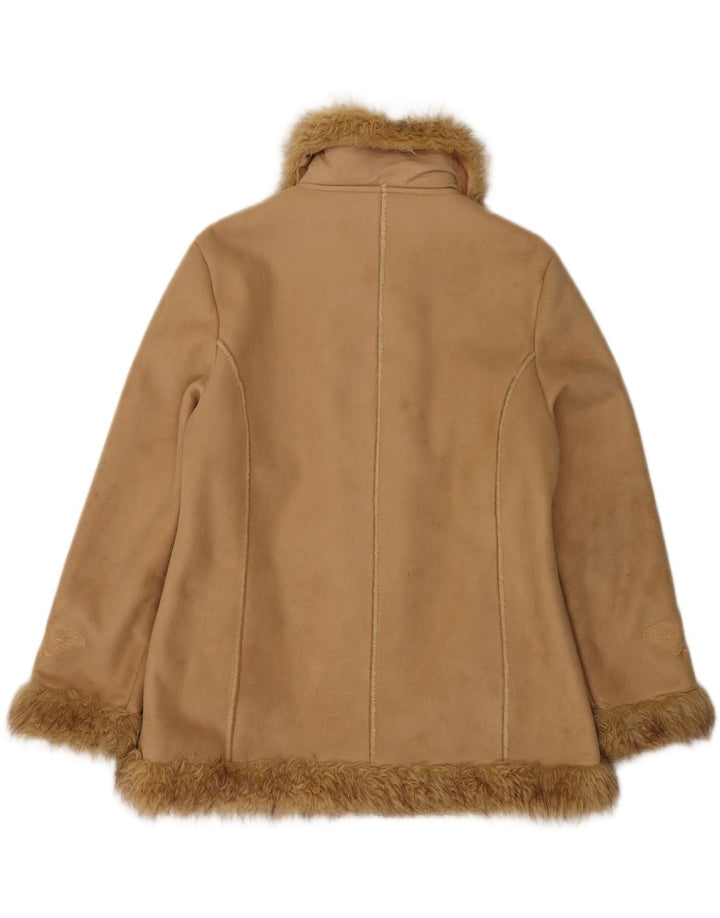 vintage Femme Ouvert Sherpa Veste UK 14 Grand Beige Polyester