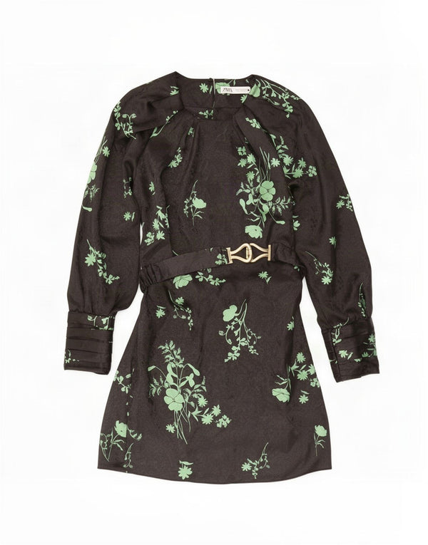 Zara Robe trapèze à manches longues pour femme UK 42 en polyester floral noir moyen