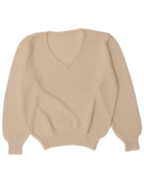 vintage Femmes Regular Fit V-Col Jumper Pull UK 10 Petit Acrylique Blanc