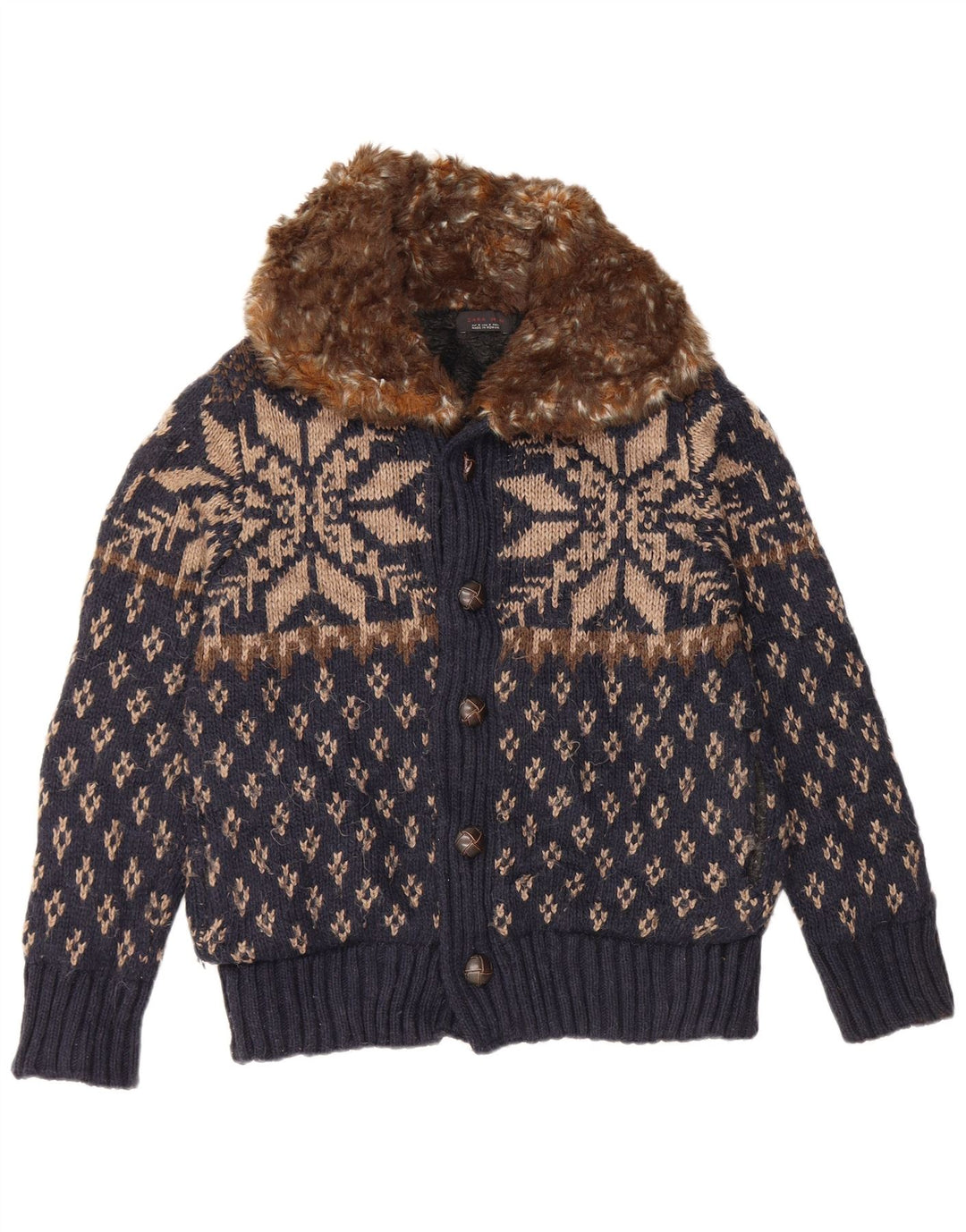 Zara Homme Pull Cardigan Bleu Marine Moyen Fair Isle Acrylique