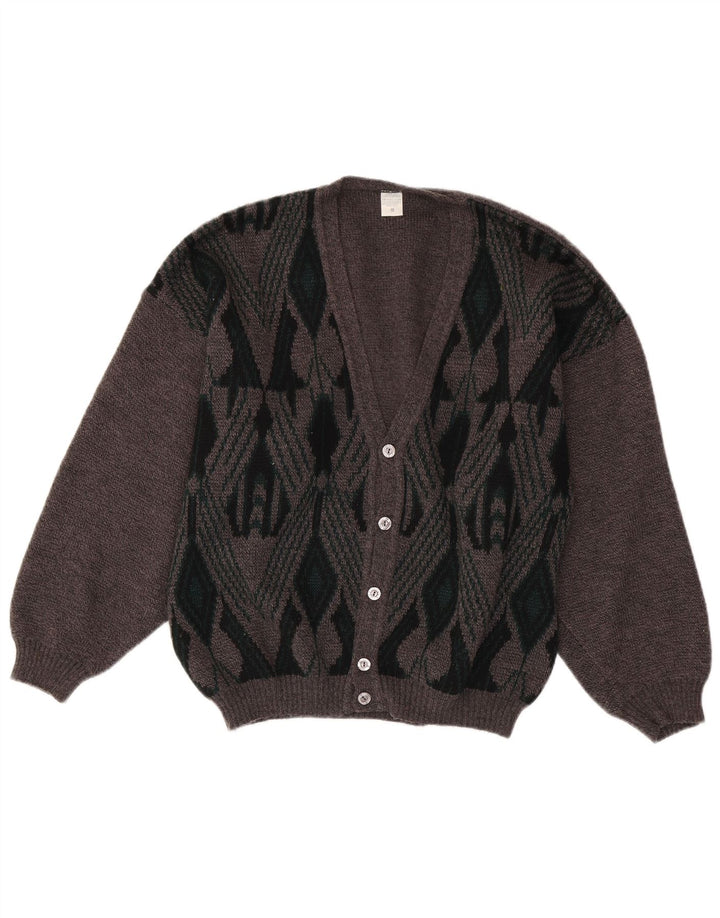VINTAGE Pull Cardigan Homme Gris Moyen Argyle/Diamant Acrylique