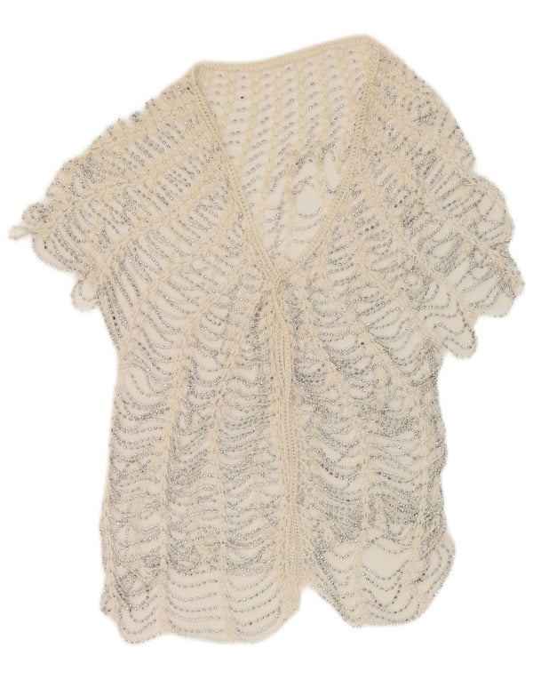 vintage Femmes Voir à travers Crochet Cardigan Top UK 10 Petit Blanc