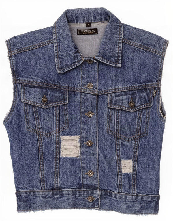 vintage Womens Distressed Crop Denim Gilet UK 10 Petit Coton Bleu