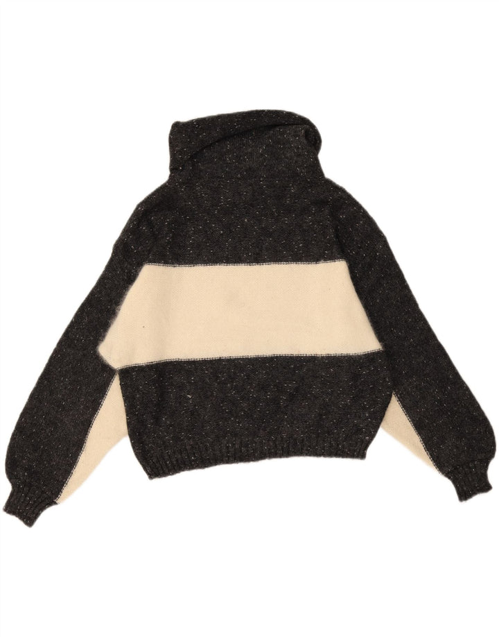 vintage Femme Roll Neck Jumper Pull UK 14 Moyen Noir Colourblock Laine