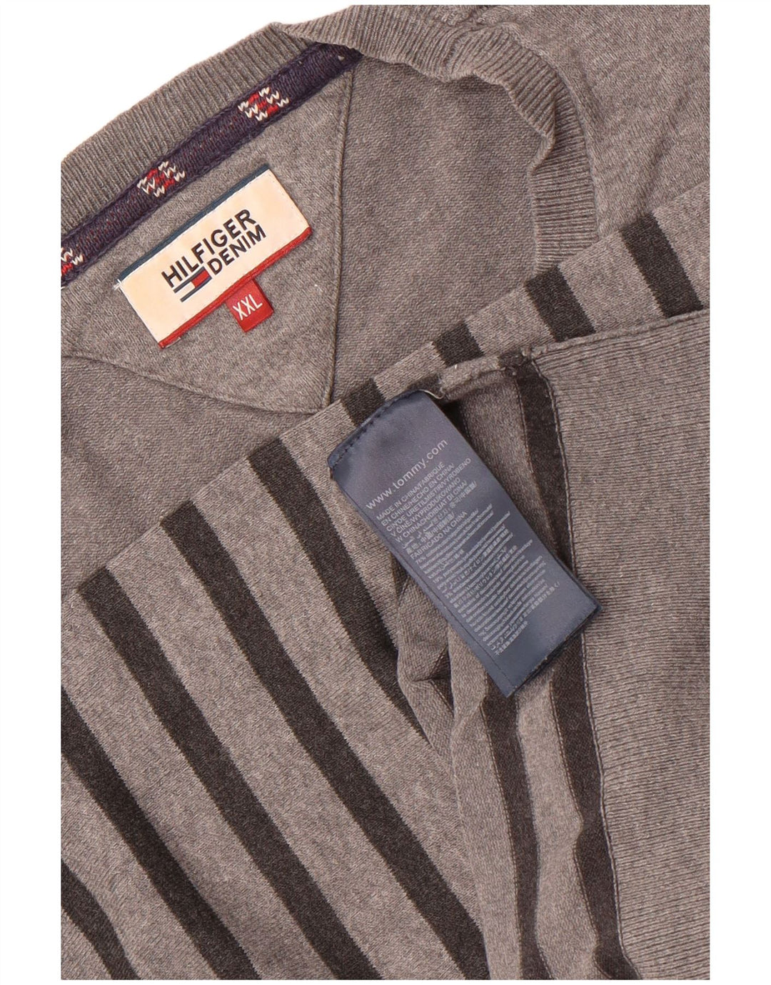 Tommy Hilfiger Pull à col rond pour homme 2XL en coton rayé gris