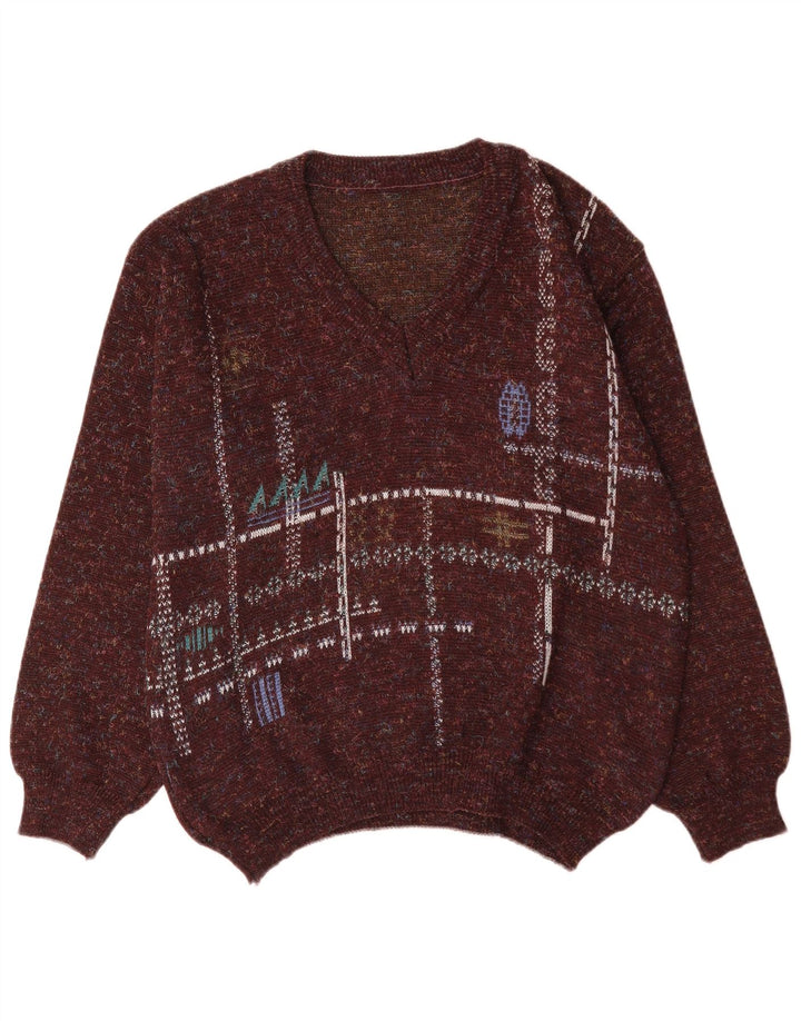 vintage Mens V-Col Jumper Sweater IT 48 Moyen Brun Géométrique Polyacrylique