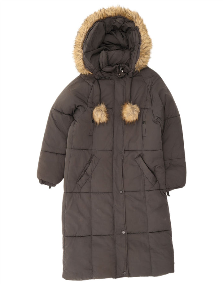 Zara Manteau matelassé surdimensionné à capuche pour femme UK 6 XS Gris Polyester