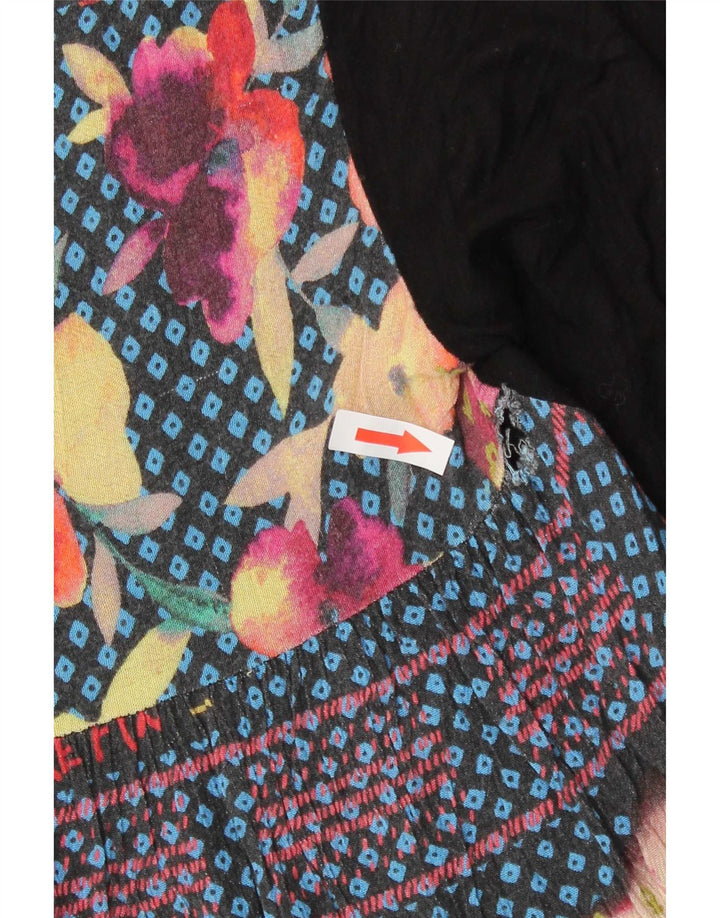 Desigual Femme Haut à Motif Abstrait Manches 3/4 UK 10 Petit Viscose Noir
