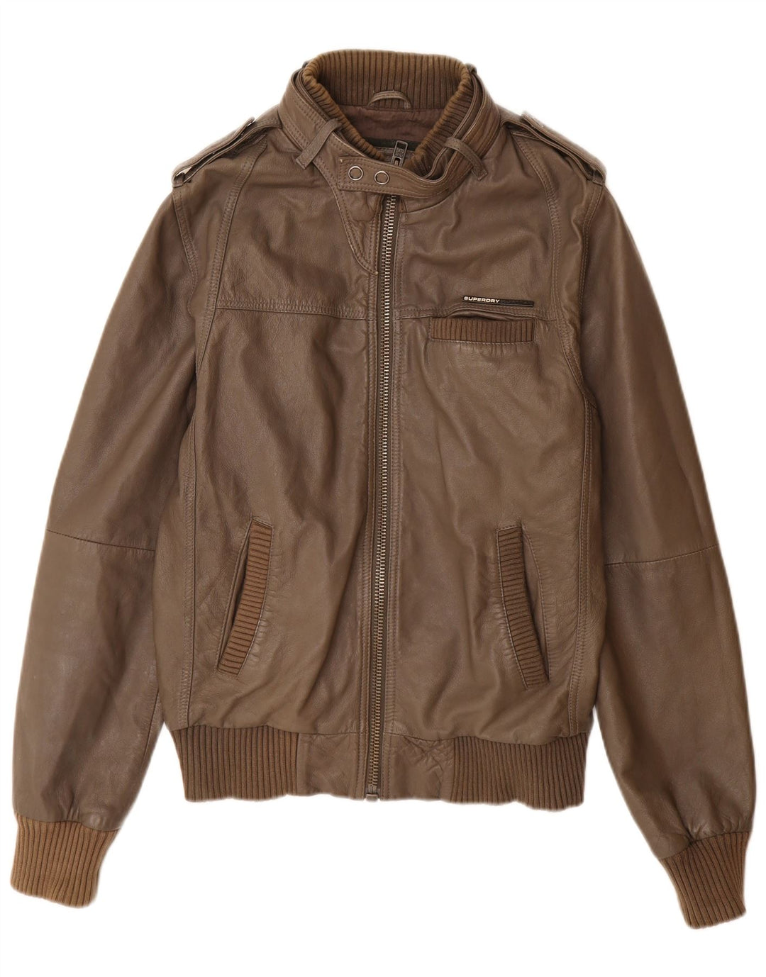 Superdry Veste en cuir militaire pour femme UK 16 Grand cuir marron