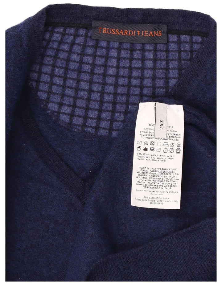 TRUSSARDI Pull col V Homme 2XL Bleu Marine Laine