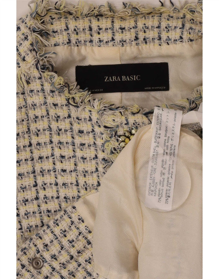 Zara Womens Crop 3/4 Sleeve Blazer Jacket UK 12 Moyen Blanc Moucheté