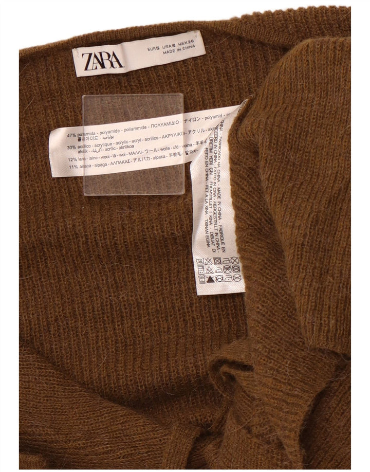 ZARA Femme Cardigan Pull UK 10 Petit Marron Polyamide