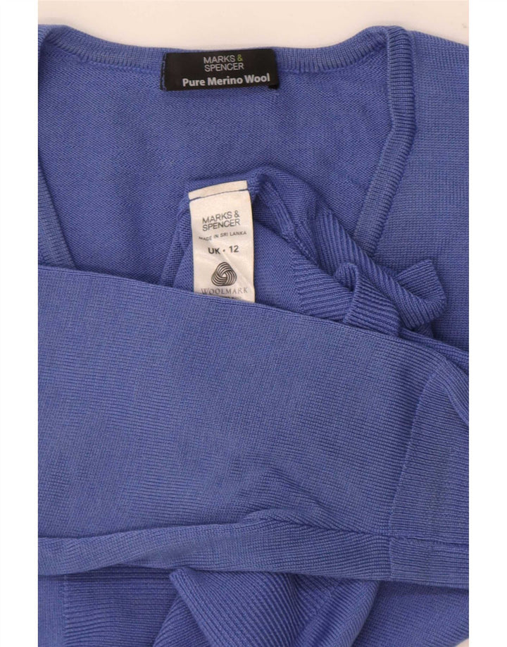 Marks & Spencer Pull col en V pour femme UK 12 Bleu moyen Laine mérinos