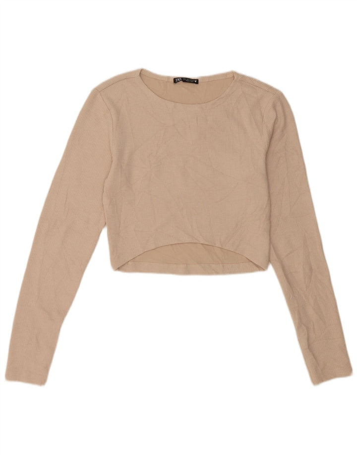 Zara Femme Crop Top Manches Longues UK 14 Large Beige Polyester