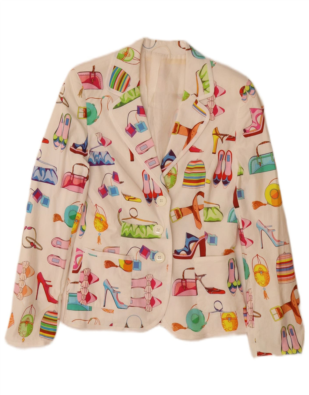 vintage Femmes Motif Abstrait Blazer Veste UK 12 Moyen Blanc Coton