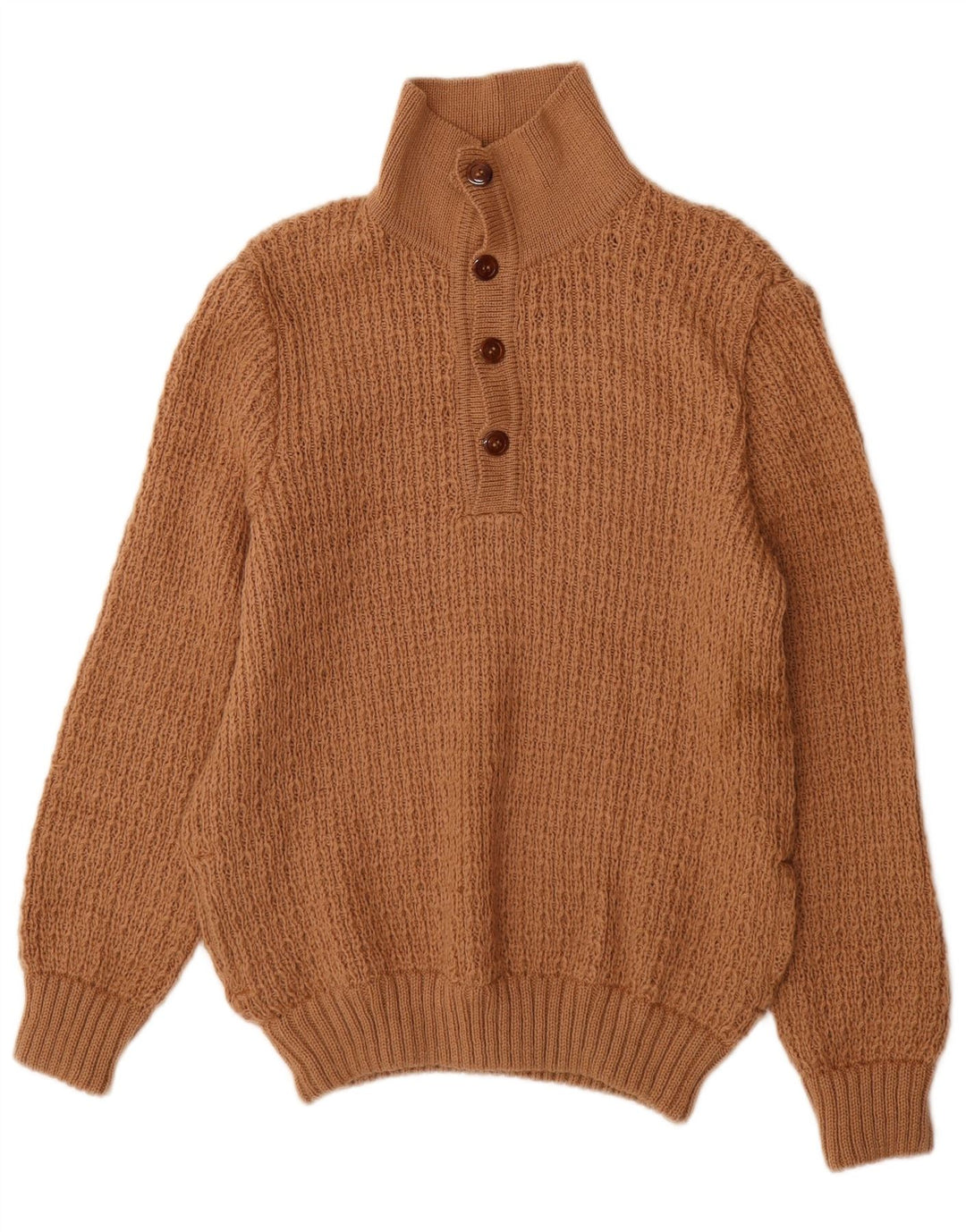 vintage Mens Button Neck Jumper Pull Marron Moyen