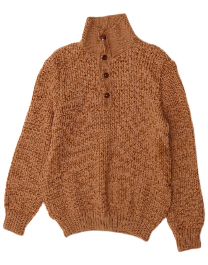 vintage Mens Button Neck Jumper Pull Marron Moyen