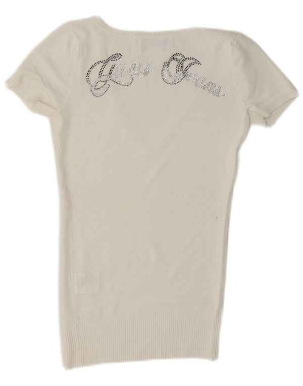 Guess Pull graphique à manches courtes et col en V pour femme UK 12 Blanc moyen