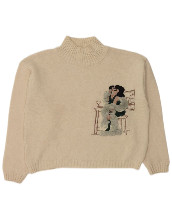 VINTAGE Femmes Crop Turtle Neck Jumper Pull UK 14 Medium Off White